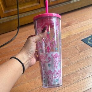 Starbucks Roller Rabbit Pink Monkey Patterned Tumbler with Straw
